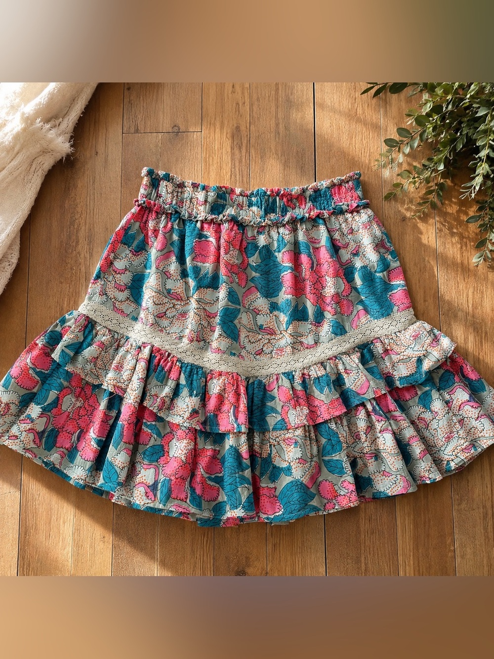 Allison New York Floral Tiered Mini Skirt Small 100% Cotton Boho Cottagecore